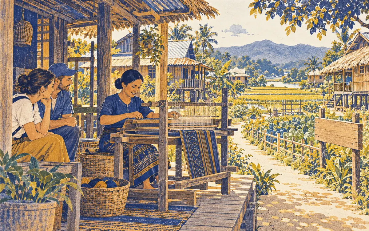 Illustration of a community member demonstrating weaving to visitors in a village surrounded by rice fields.