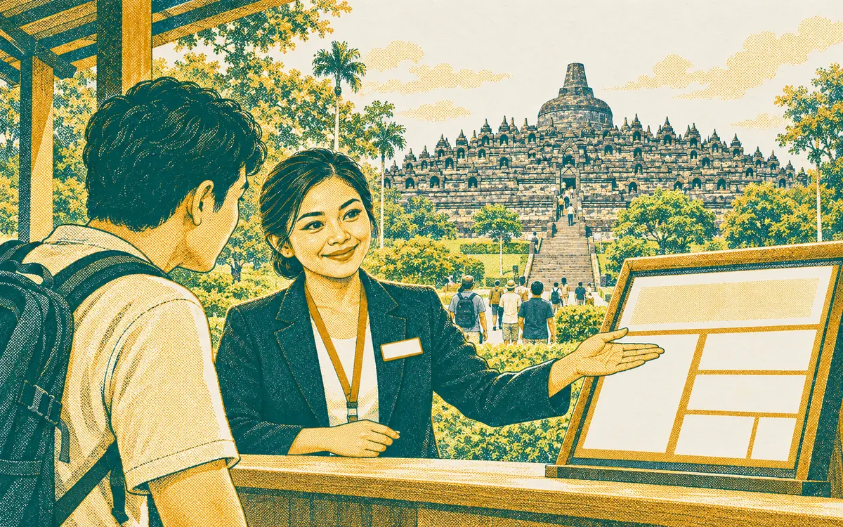 Illustration of a staff member at an information desk near Borobudur explaining the visitor guidelines to a traveller, with the monument in the distance.