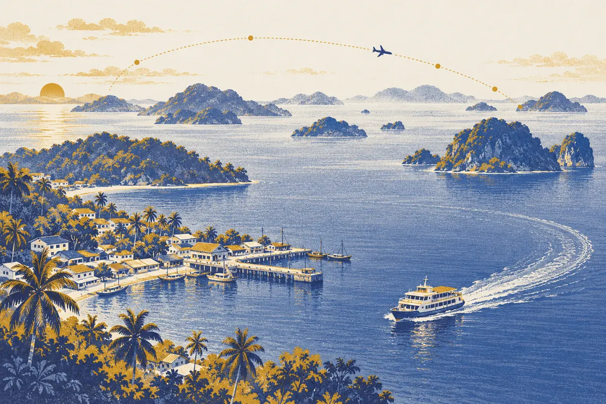 Illustration of a ferry crossing a calm sea between islands, with a dotted flight path linking them.