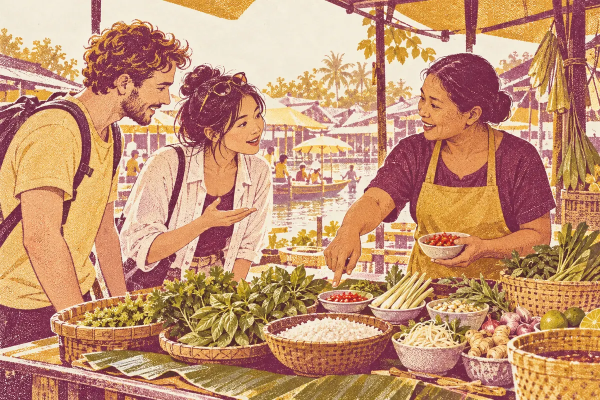 Illustration of a market stallholder pointing out the ingredients of a dish in small bowls to two visitors, one of whom gestures with a polite question.