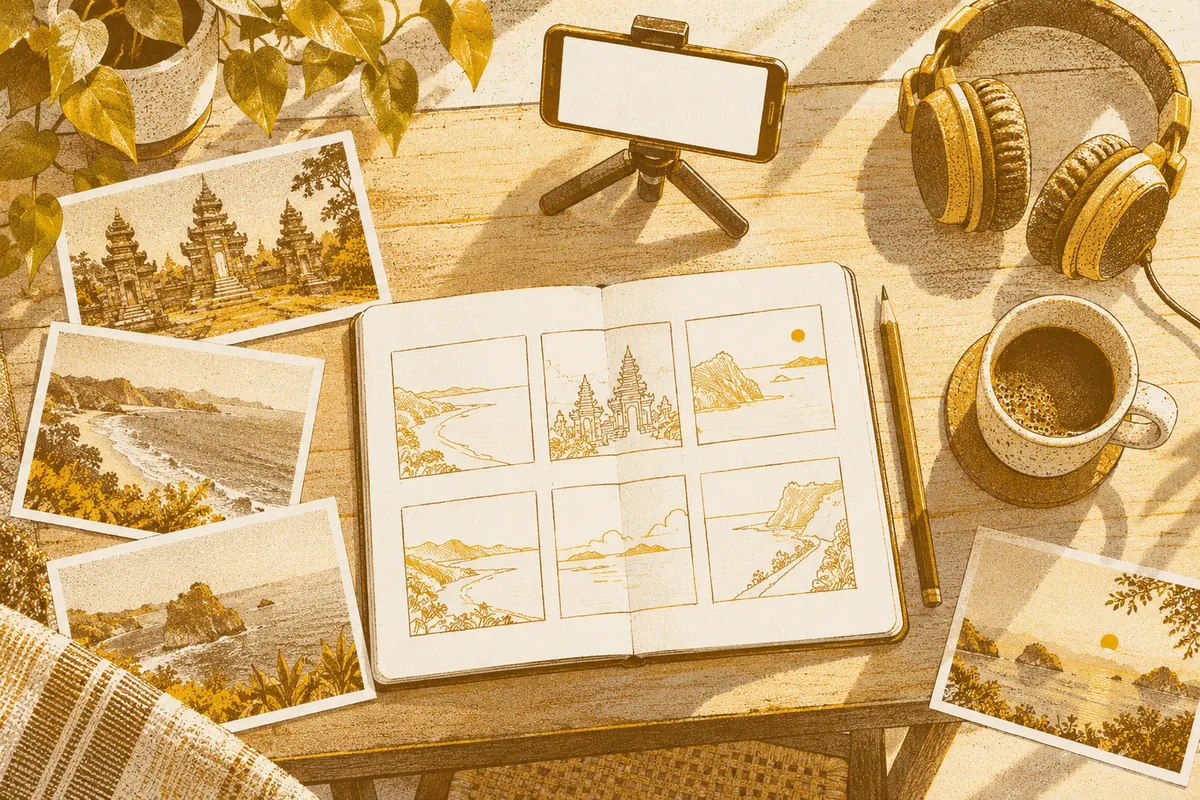 Illustration of a desk set up for making a travel story: an open sketchbook with a six-frame storyboard, travel photographs of temples and coastlines, a phone on a small tripod, headphones and a cup of coffee.